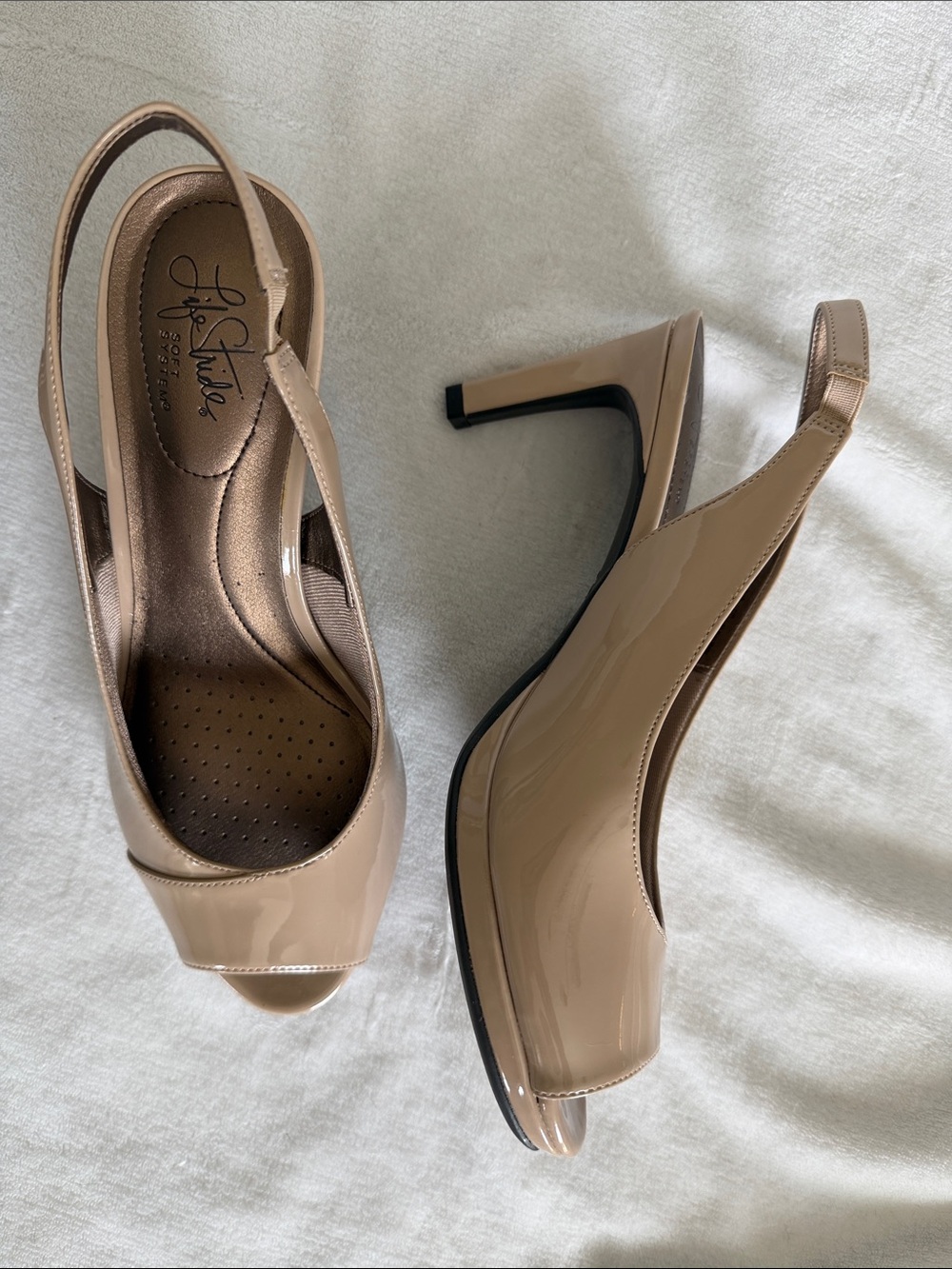 Life Stride Beige Patent Peep-Toe Slingback Heels